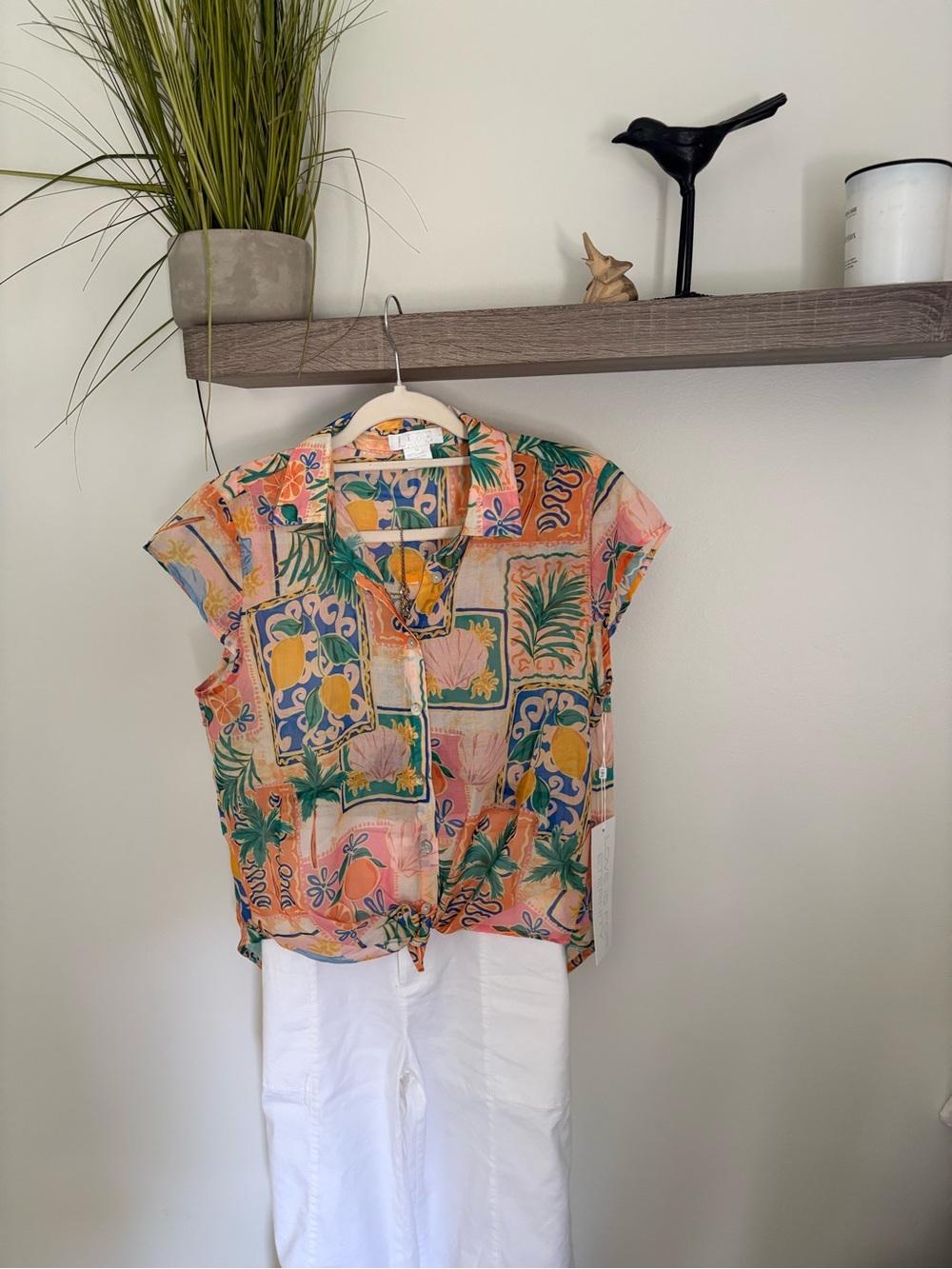 Tropical Print Tie-Front Blouse - Peach Multi med med nwt